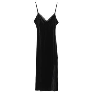 NWT Y2K Black Velvet Slip Dress Lace Trim Goth Witchy Dark Romantic Midi Size S